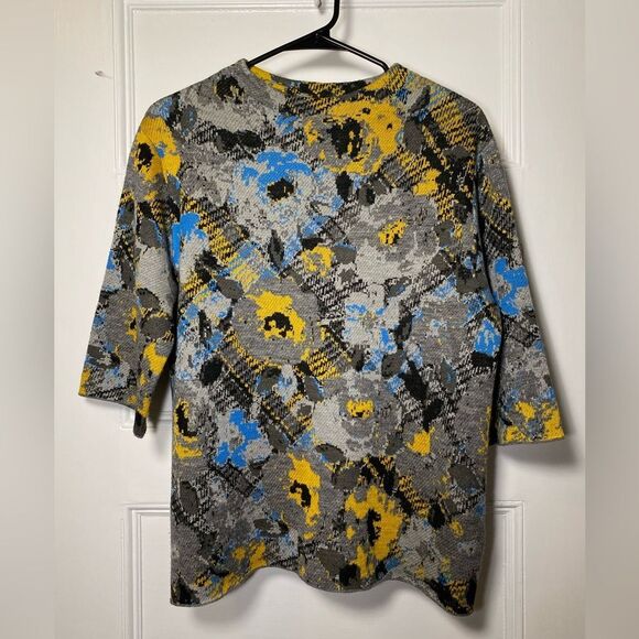 Anthropologie Troubadour | Floral Plaid Mock Neck Sweater Gray Yellow Small - Picture 1 of 6